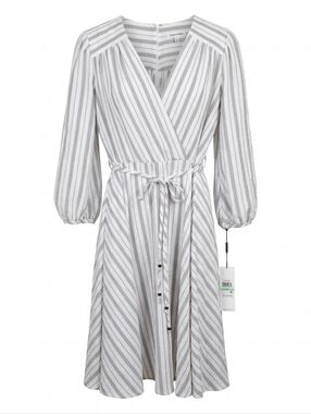 calvin klein striped dress long sleeve Calvin Klein Womens Wrap Dress Sz 8 Blue & White Stripe Long Sleeve V-Neck